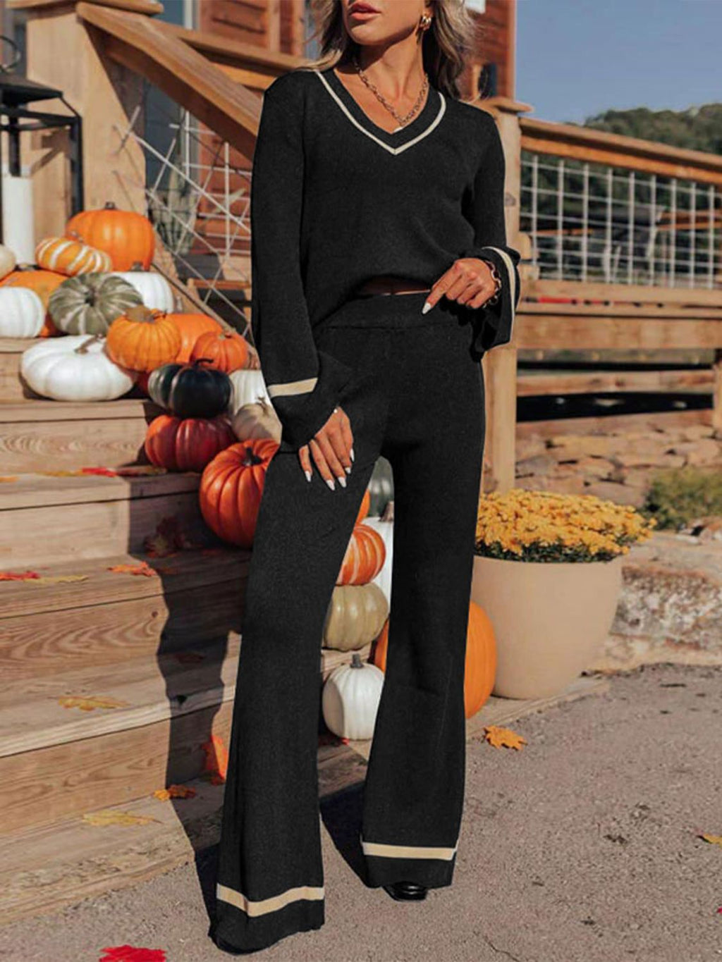 Perfee V-Neck Long Sleeve Top and Pants Set - Black / S