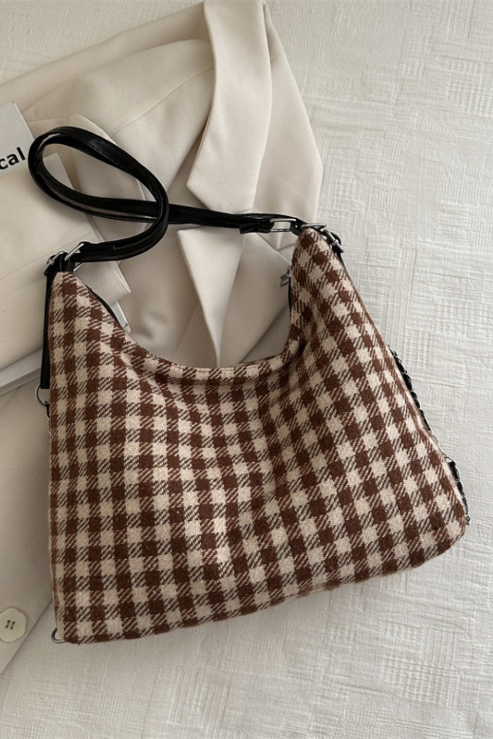 Plaid Adjustable Strap Handbag - Camel / One Size