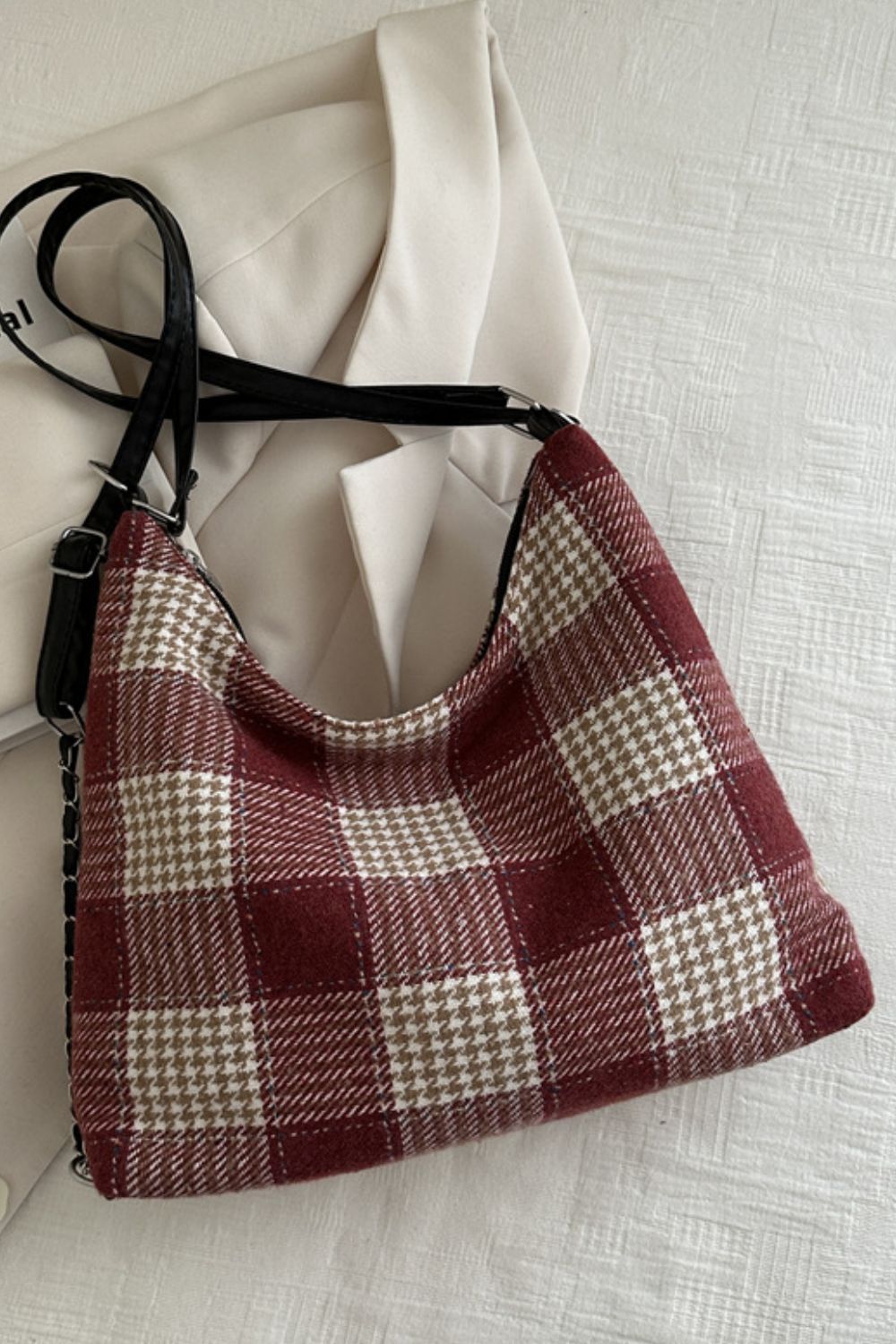 Plaid Adjustable Strap Handbag - Deep Red / One Size