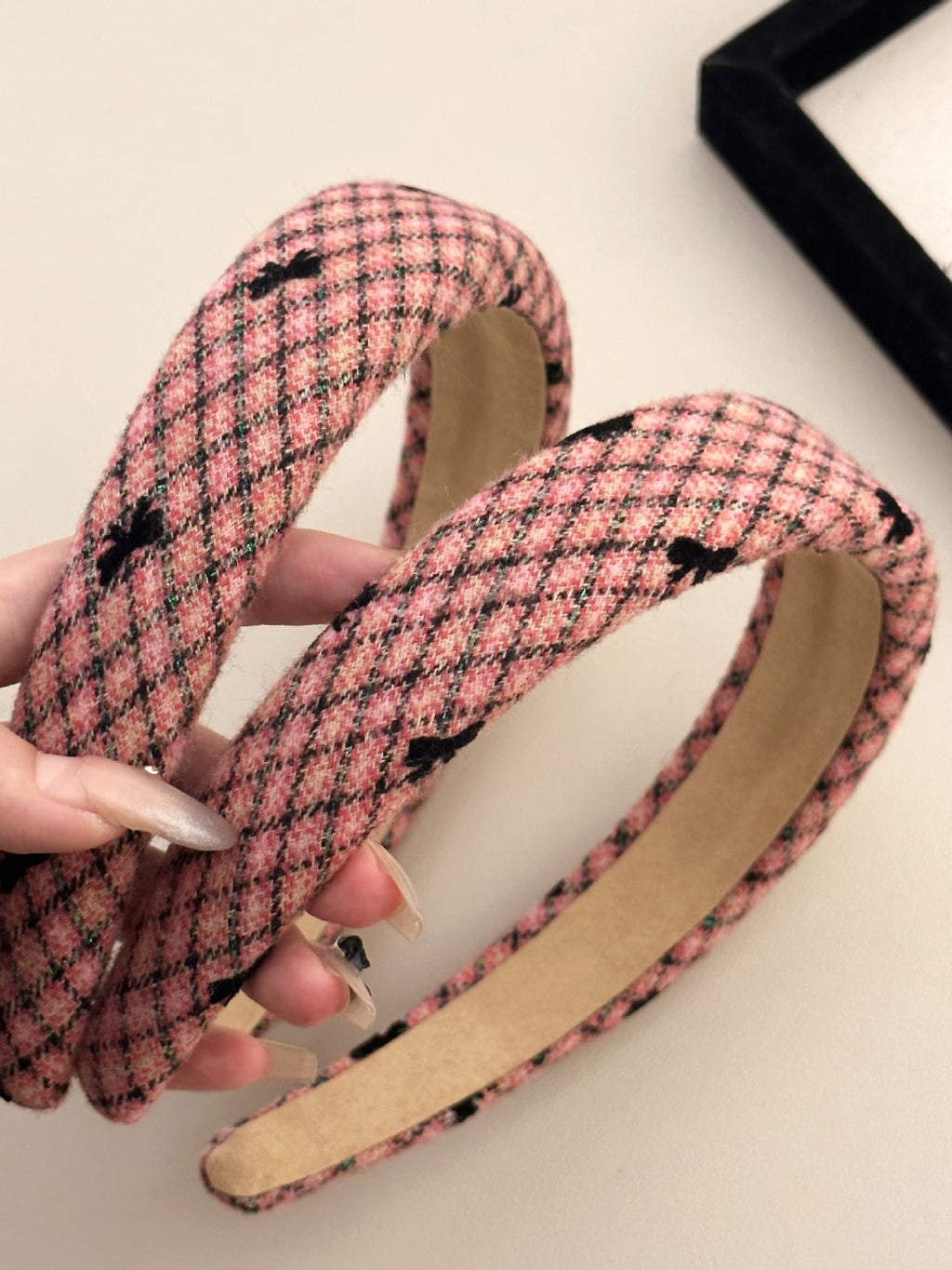 Plaid Bow Wide Headband - Pink / One Size