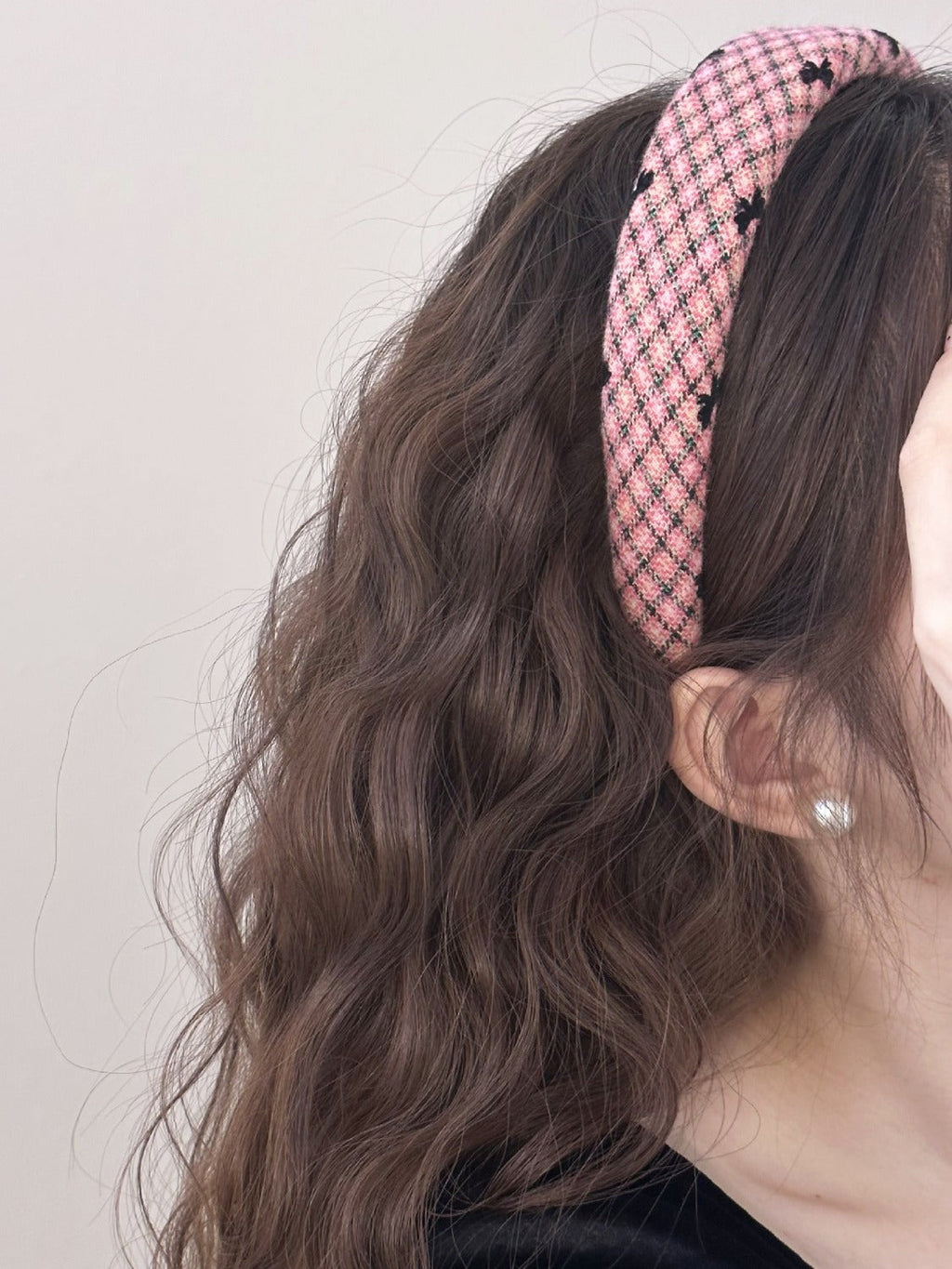 Plaid Bow Wide Headband - Pink / One Size