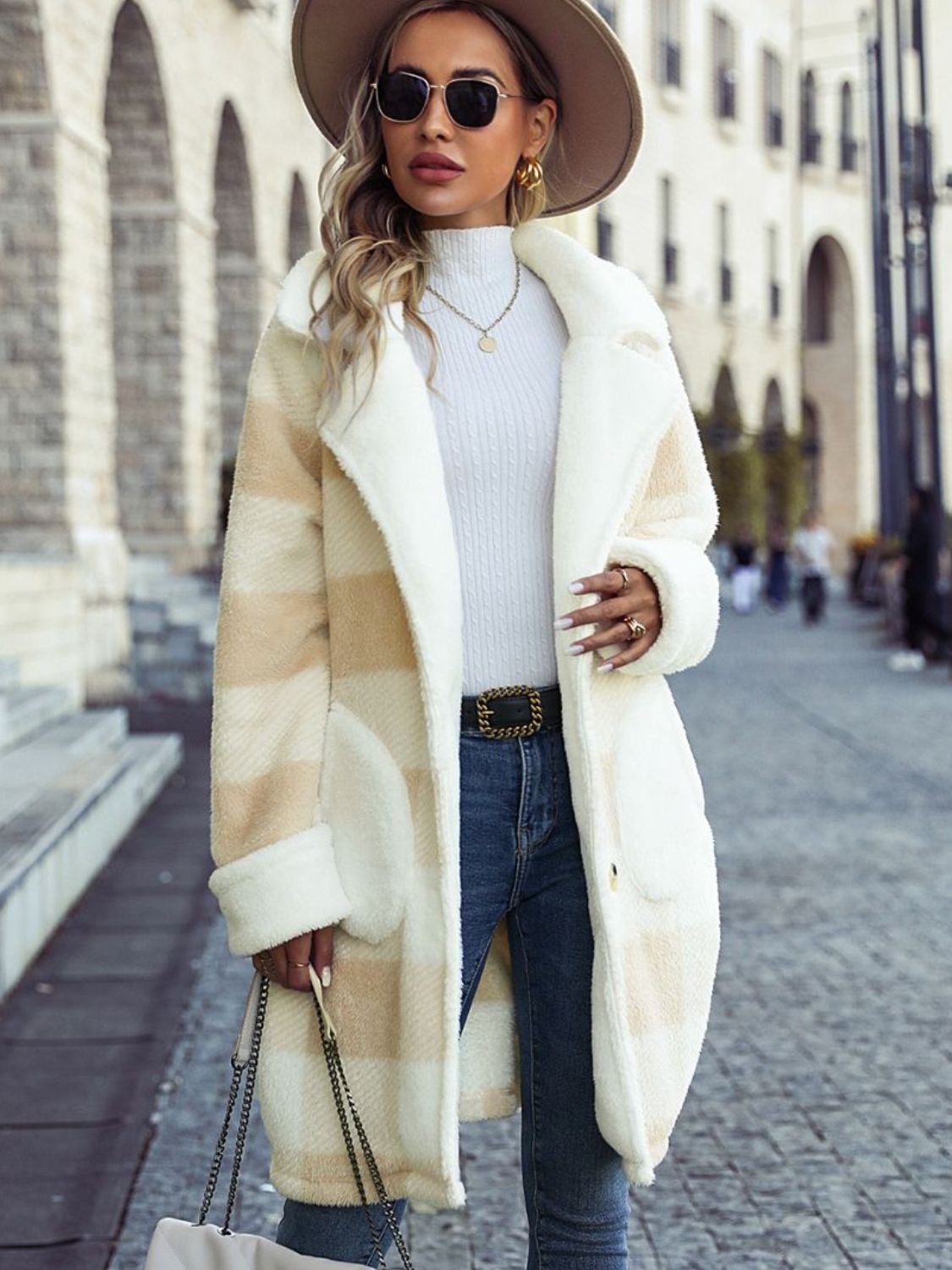Plaid Button Down Coat with Pockets - Beige / S