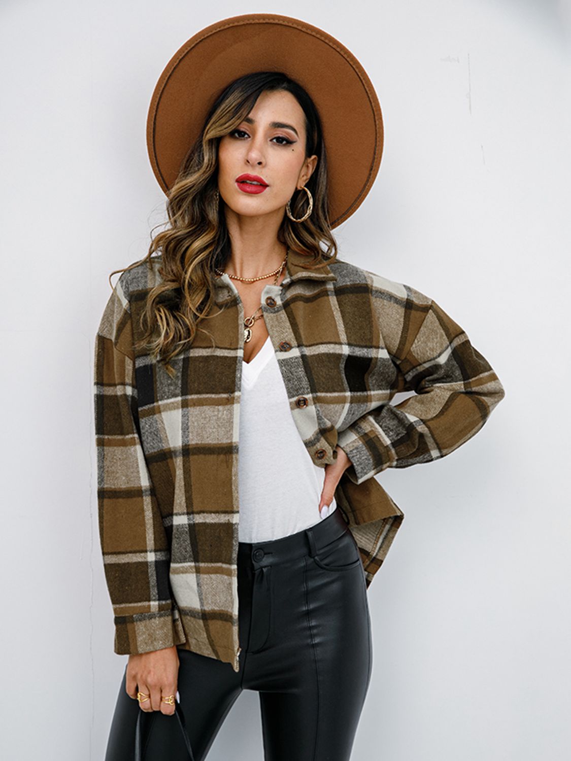 Plaid Button Up Collared Neck Jacket - Coffee Brown / S