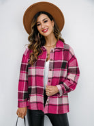 Plaid Button Up Collared Neck Jacket - Hot Pink / S