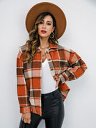 Plaid Button Up Collared Neck Jacket - Orange / S