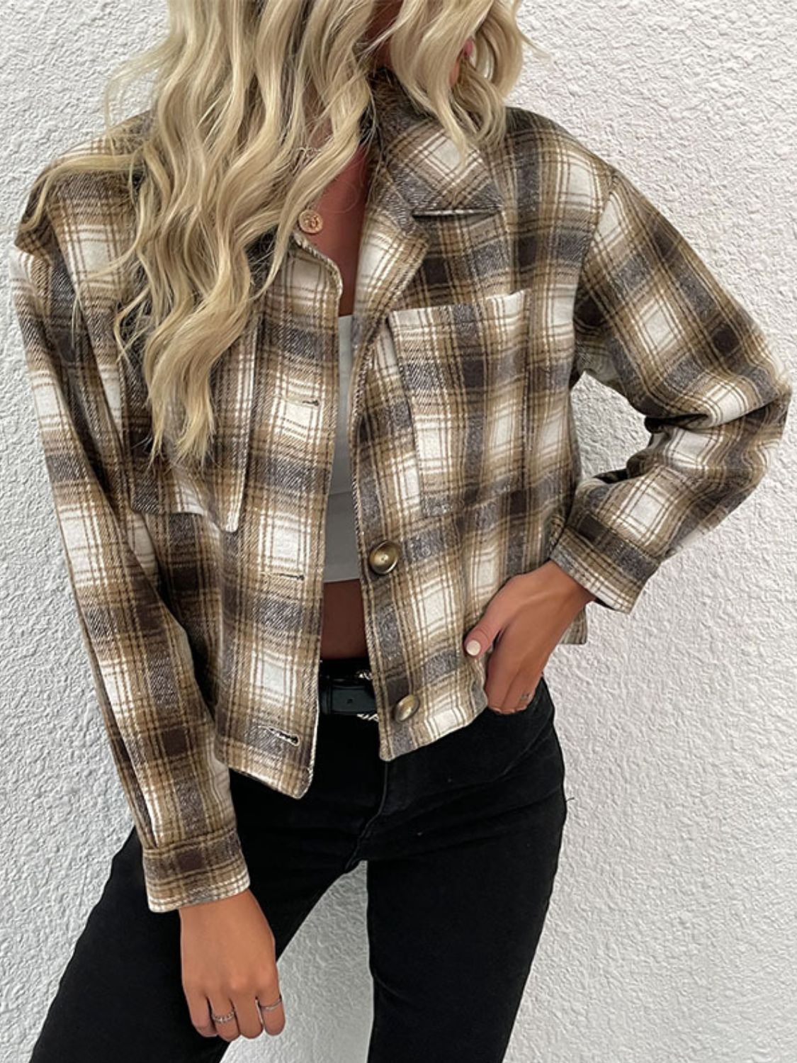 Plaid Button-Up Dropped Shoulder Shacket - Khaki / S