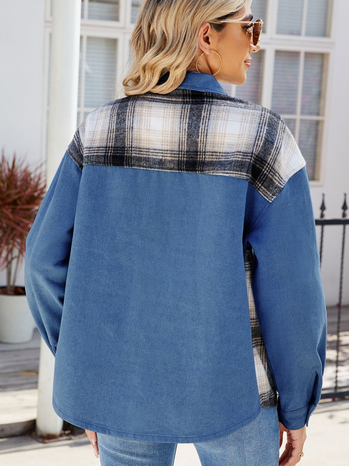 Plaid Button Up Long Sleeve Denim Jacket