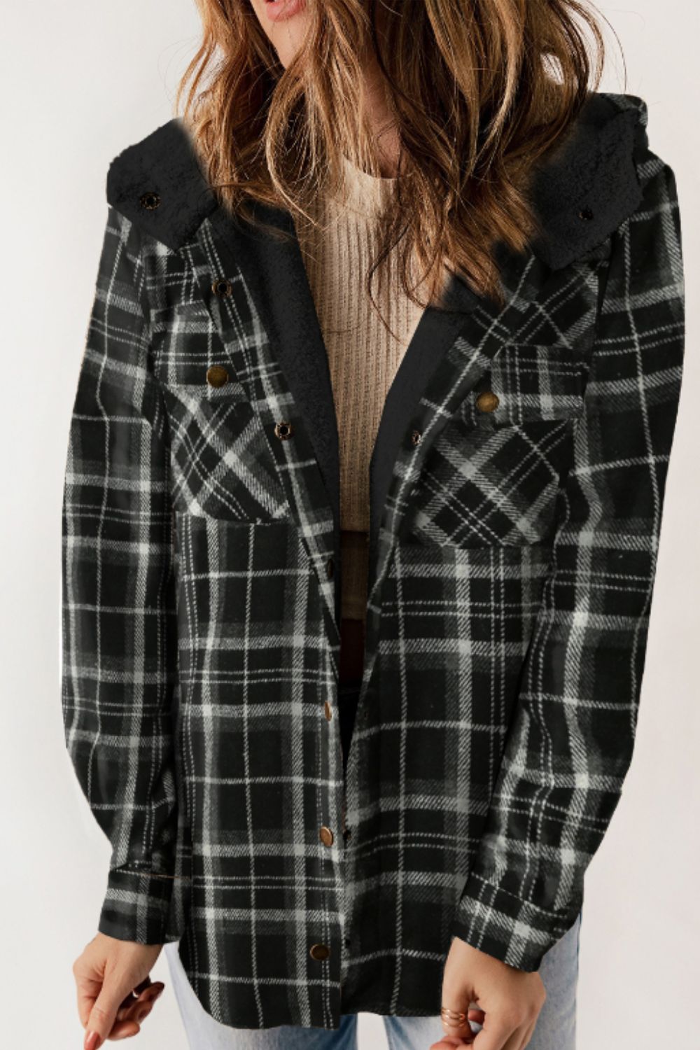 Plaid Button Up Long Sleeve Hooded Jacket - Black / S