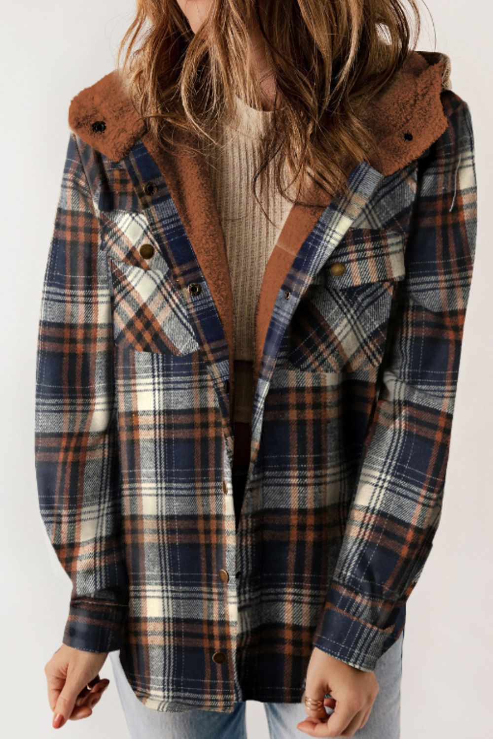 Plaid Button Up Long Sleeve Hooded Jacket - Dark Blue / S