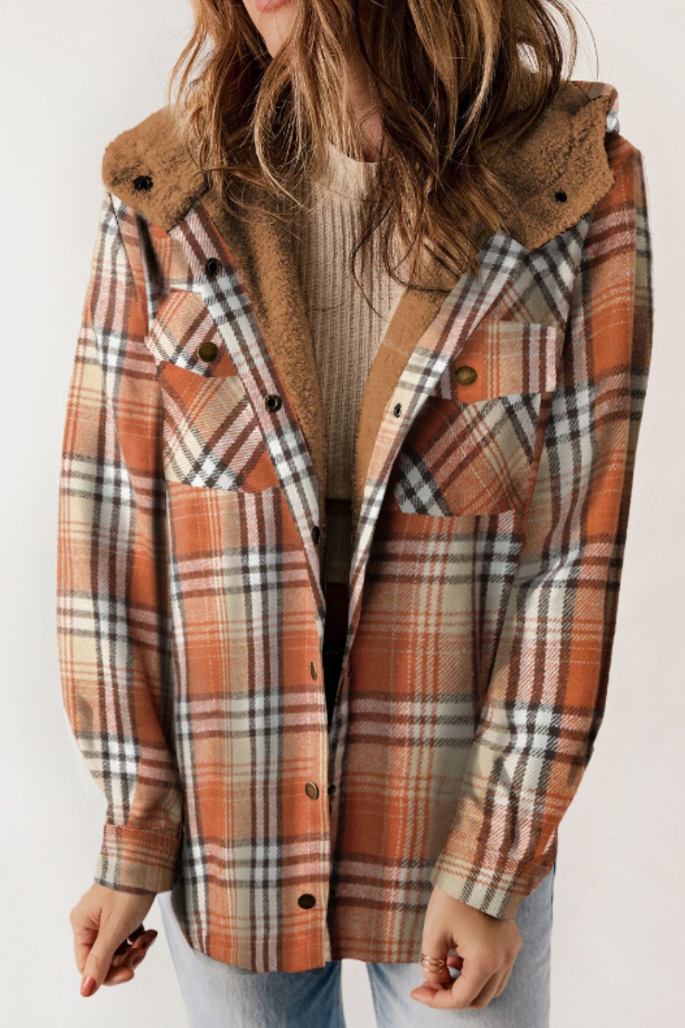 Plaid Button Up Long Sleeve Hooded Jacket - Tangerine / S