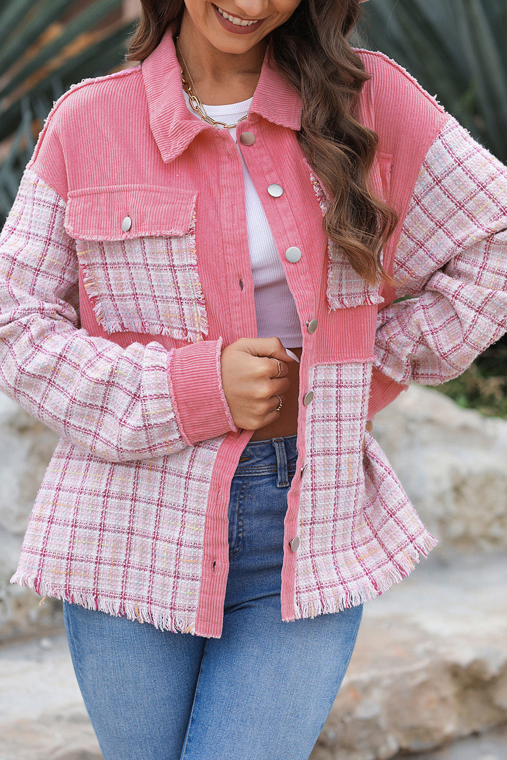 Plaid Button Up Long Sleeve Jacket - Blush Pink / S