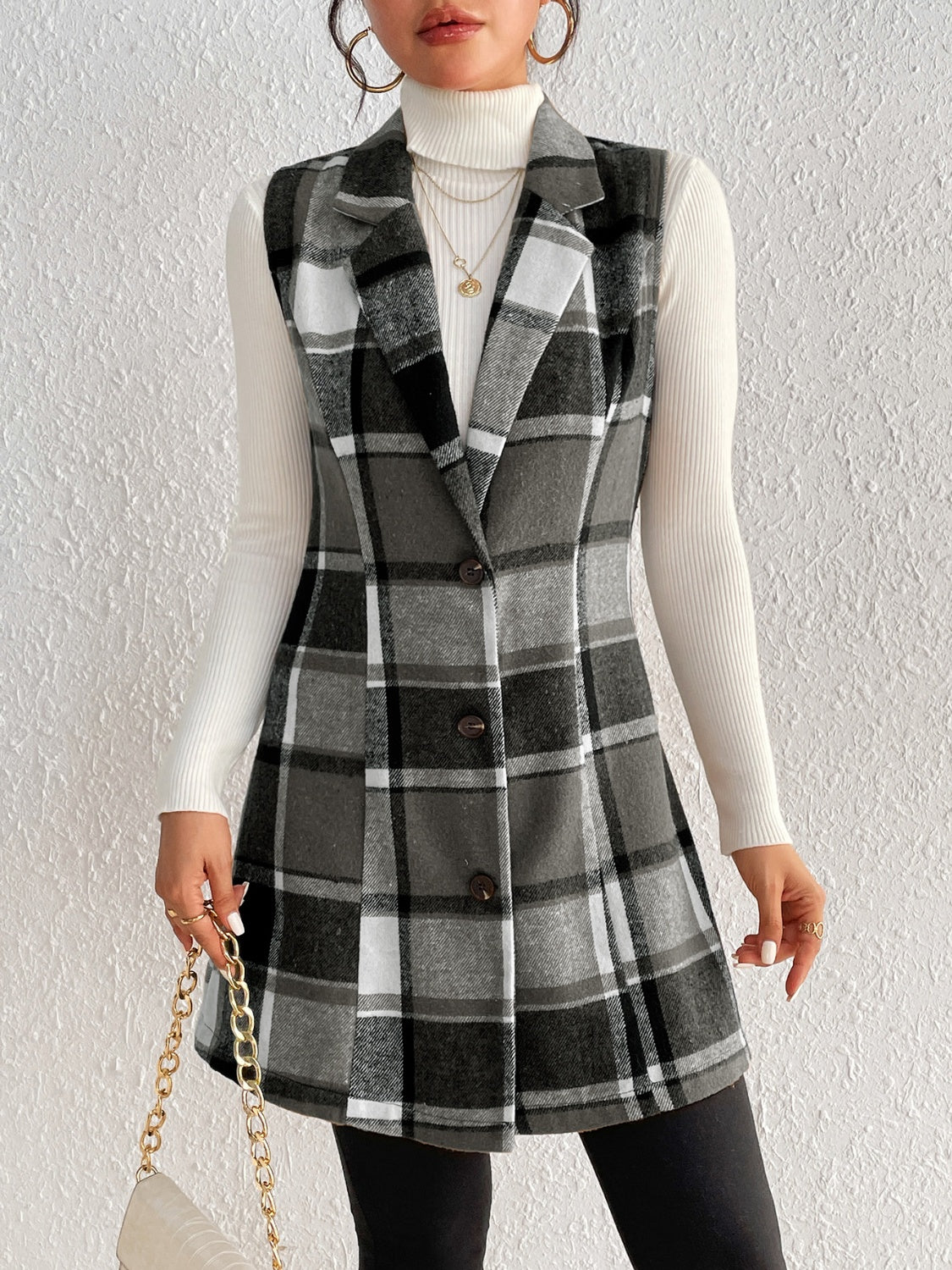 Plaid Button Up Vest Coat - Black / S