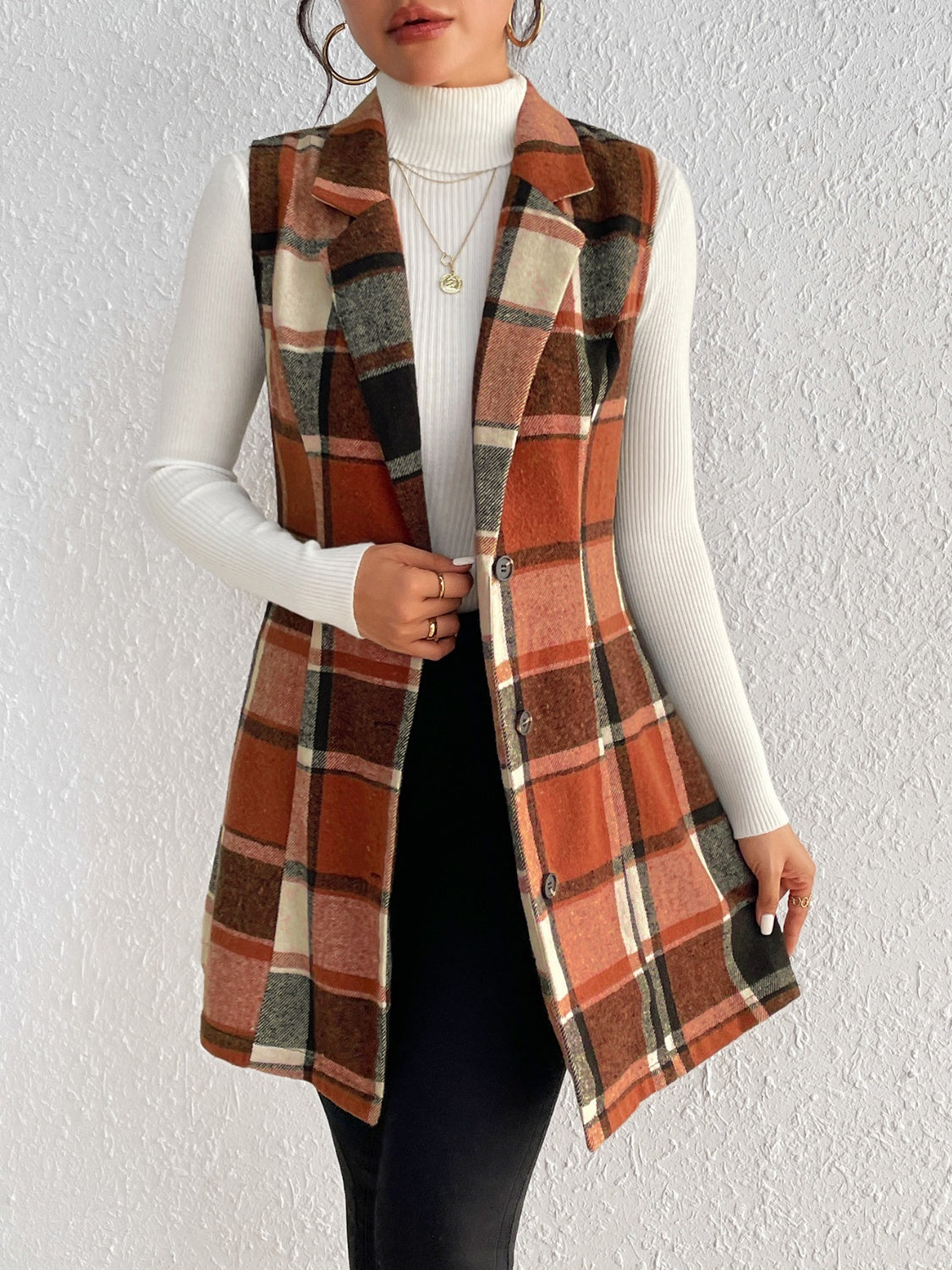 Plaid Button Up Vest Coat - Caramel / S