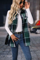 Plaid Button Up Vest Coat - Dark Green / S