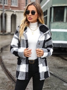 Plaid Collared Neck Button Down Jacket - Black / S