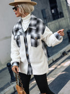 Plaid Collared Neck Button Down Jacket - White / S