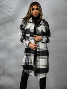 Plaid Collared Neck Long Sleeve Coat - Black / S