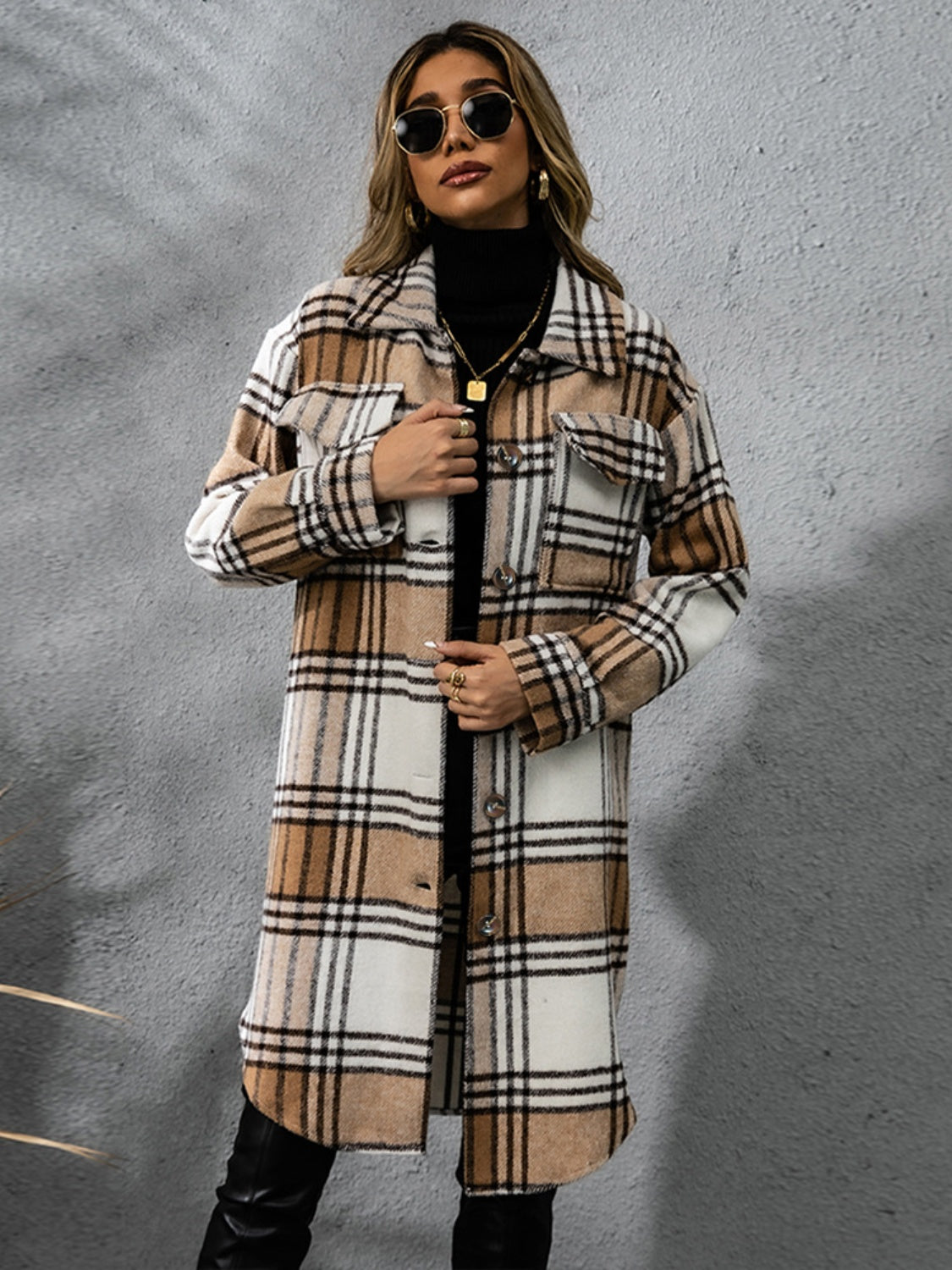 Plaid Collared Neck Long Sleeve Coat - Camel / S