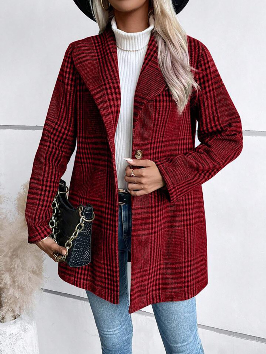 Plaid Collared Neck Long Sleeve Jacket - Burgundy / S