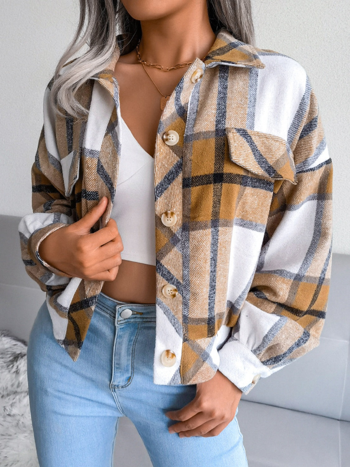 Plaid Collared Neck Long Sleeve Jacket - Camel / S