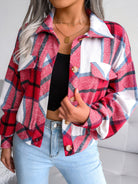 Plaid Collared Neck Long Sleeve Jacket - Deep Rose / S