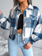 Plaid Collared Neck Long Sleeve Jacket - Dusty Blue / S