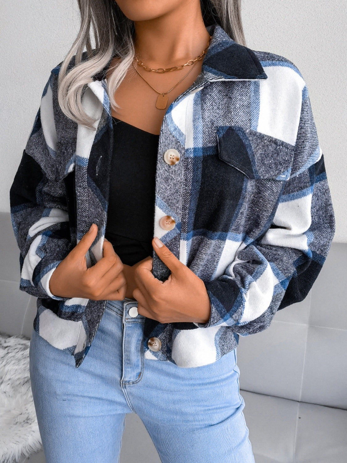 Plaid Collared Neck Long Sleeve Jacket - Navy / S