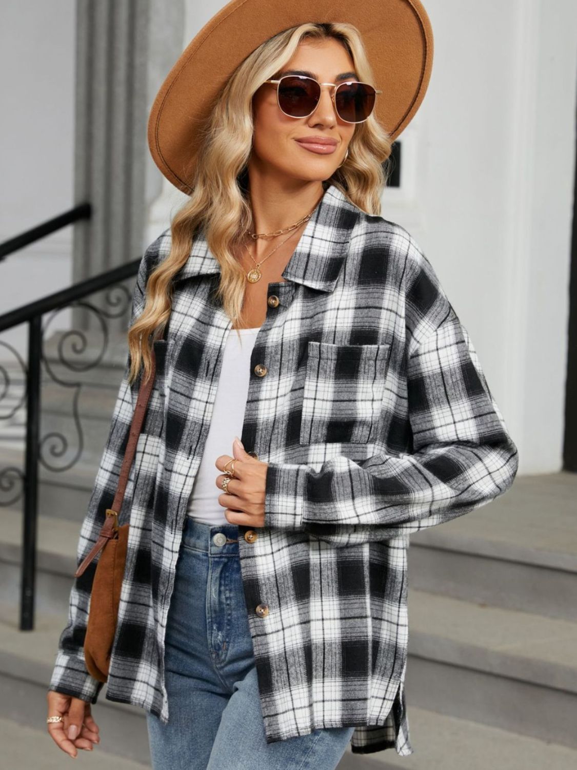 Plaid Collared Neck Long Sleeve Shirt - Black / S