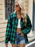 Plaid Collared Neck Long Sleeve Shirt - Dark Green / S