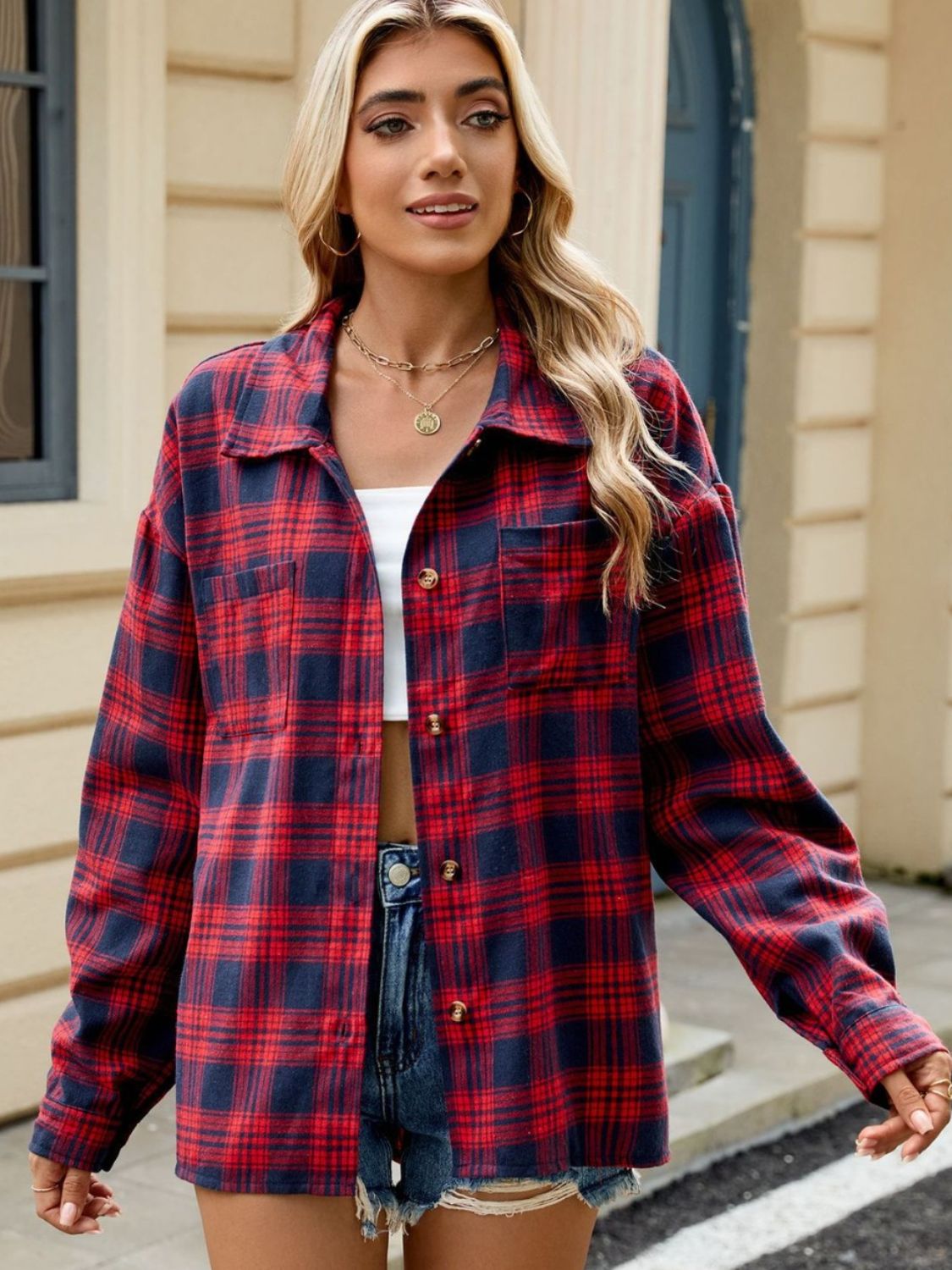 Plaid Collared Neck Long Sleeve Shirt - Scarlet / S