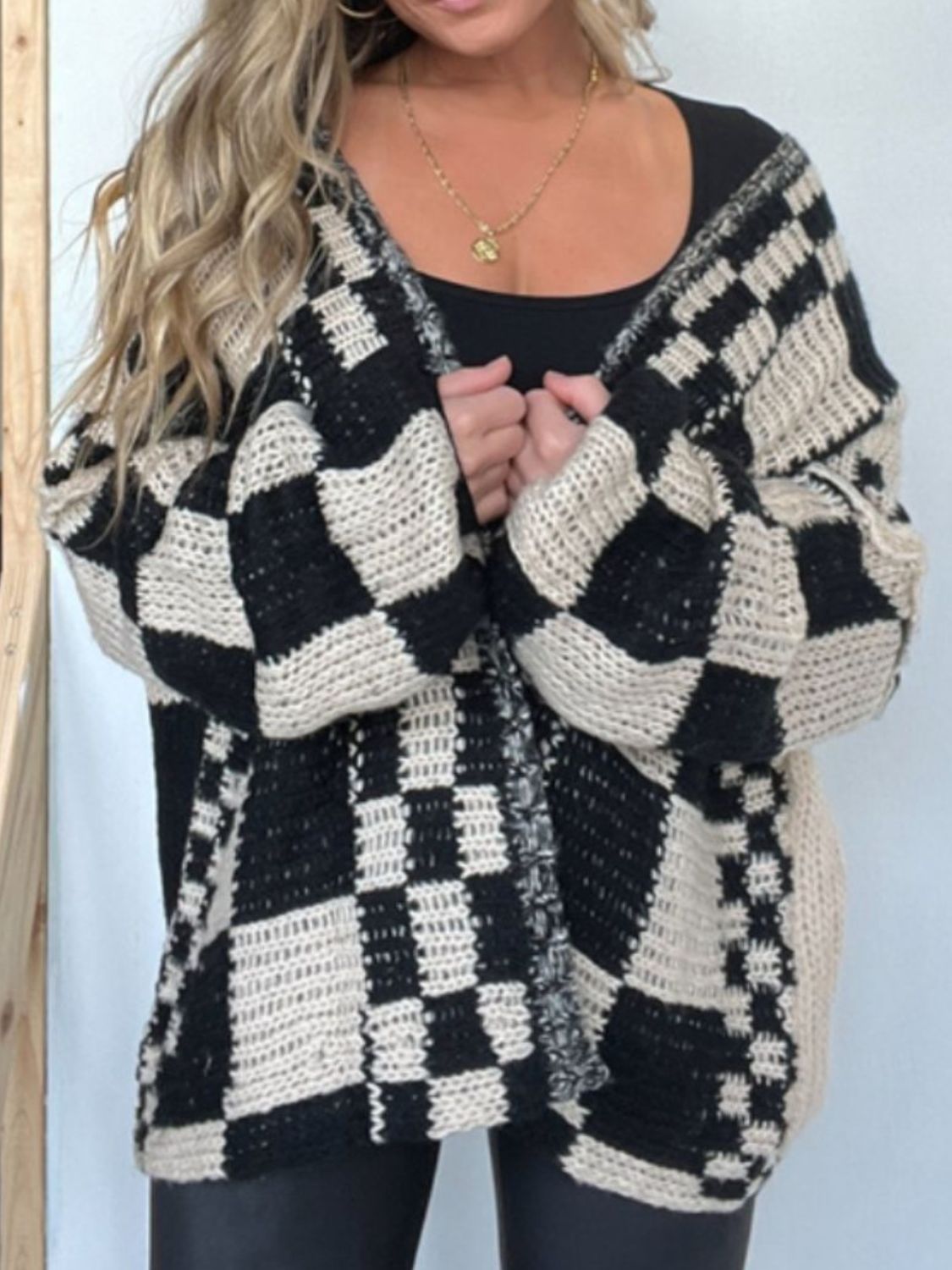 Plaid Open Front Long Sleeve Cardigan - Black / S
