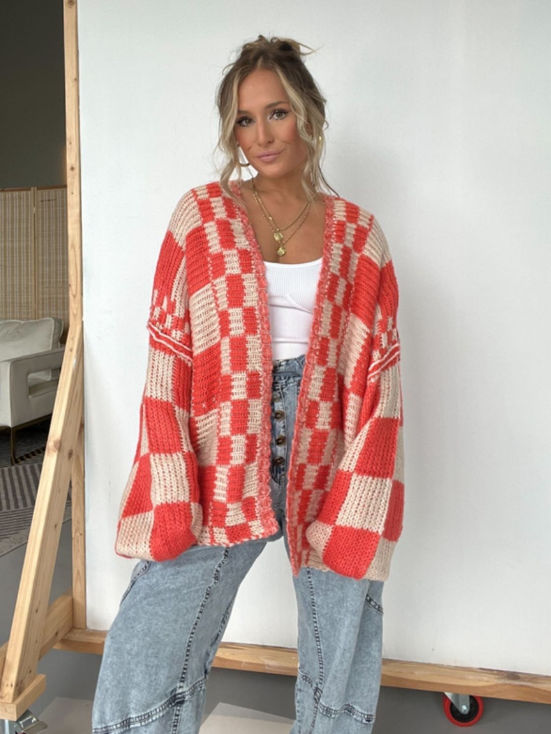 Plaid Open Front Long Sleeve Cardigan - Deep Red / S