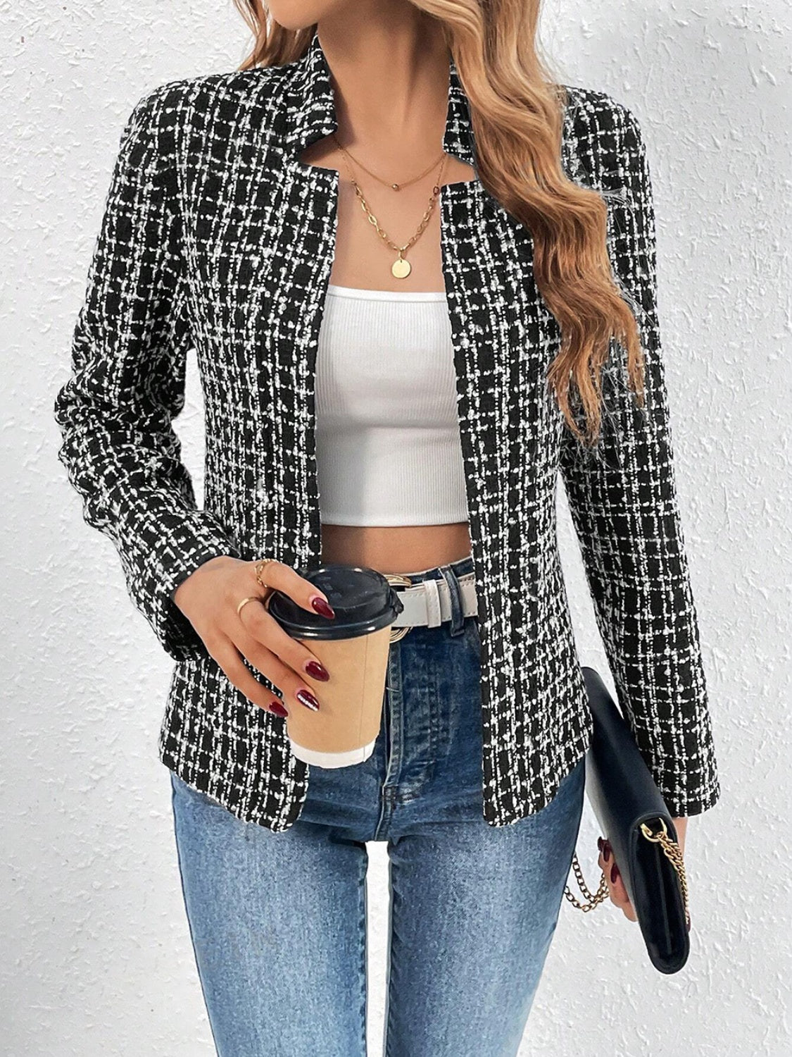 Plaid Open Front Long Sleeve Jacket - Black / S