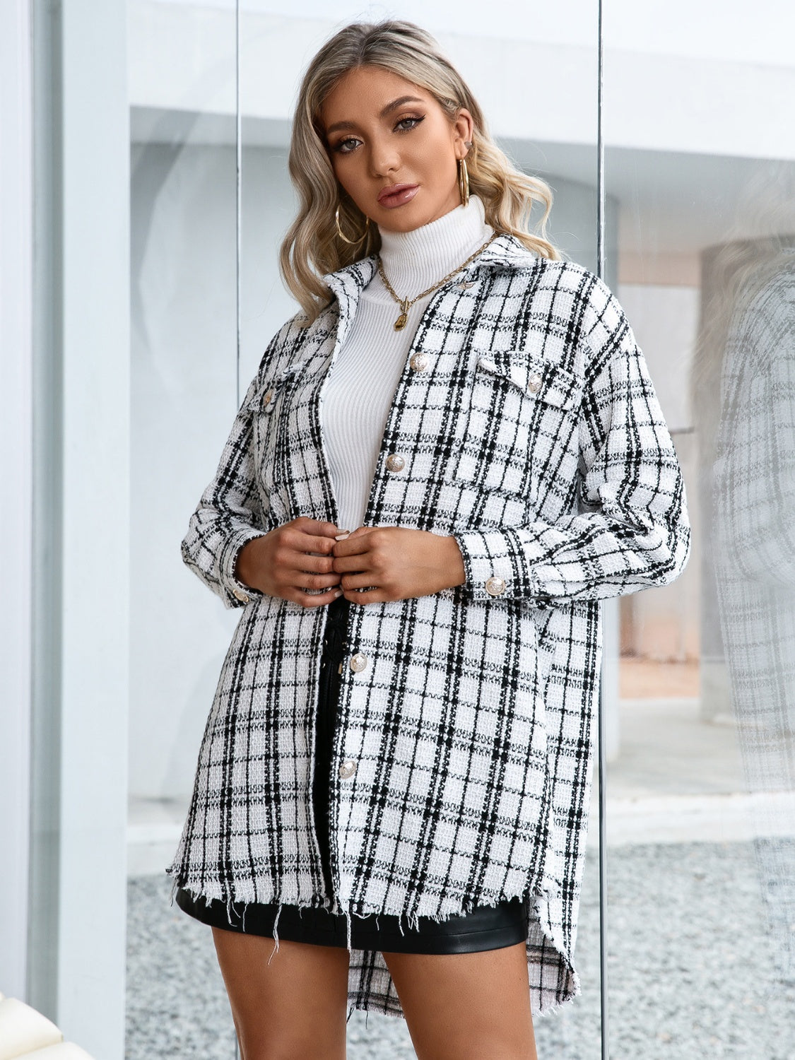 Plaid Pocketed Button Up Dropped Shoulder Jacket - White / S