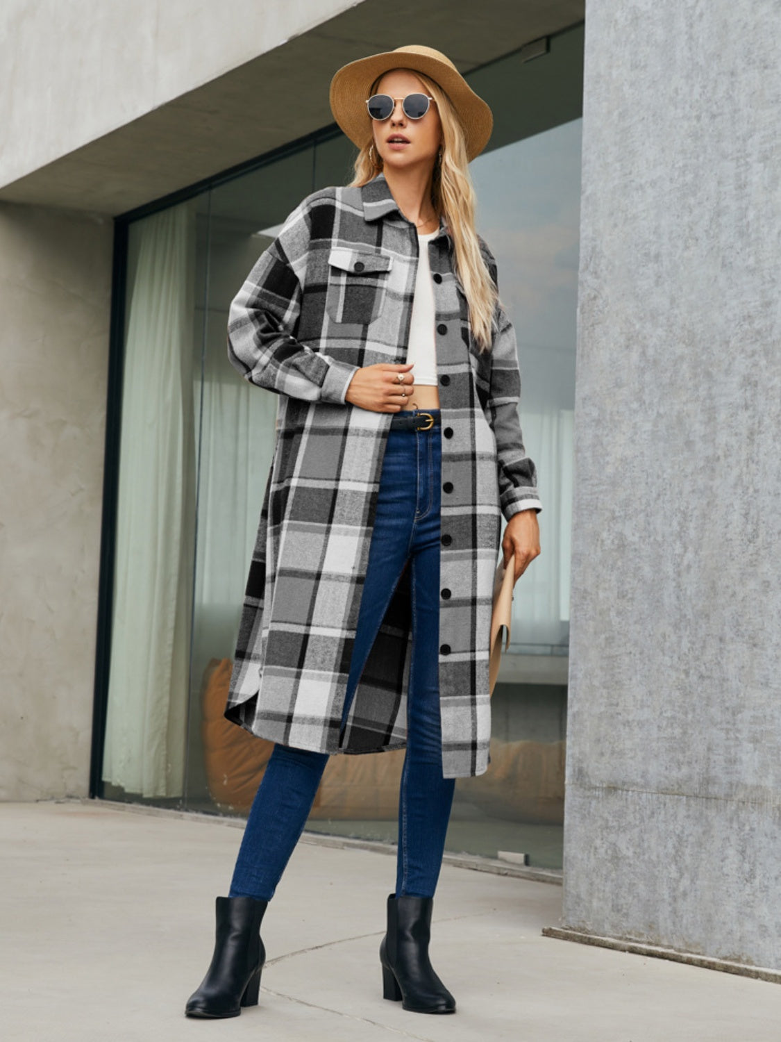 Plaid Pocketed Button Up Trench Coat - Black / S