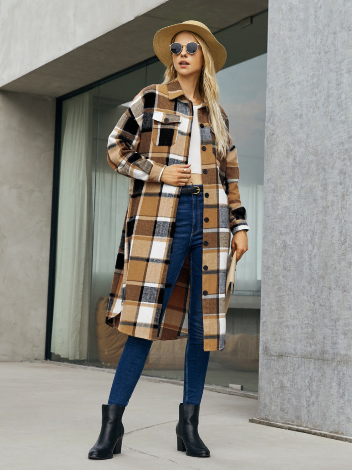 Plaid Pocketed Button Up Trench Coat - Caramel / S