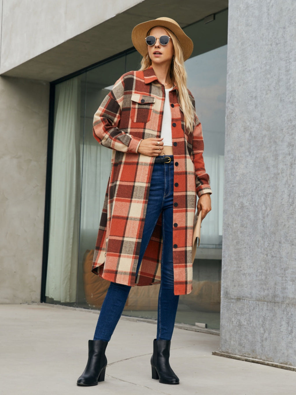 Plaid Pocketed Button Up Trench Coat - Orange-Red / S