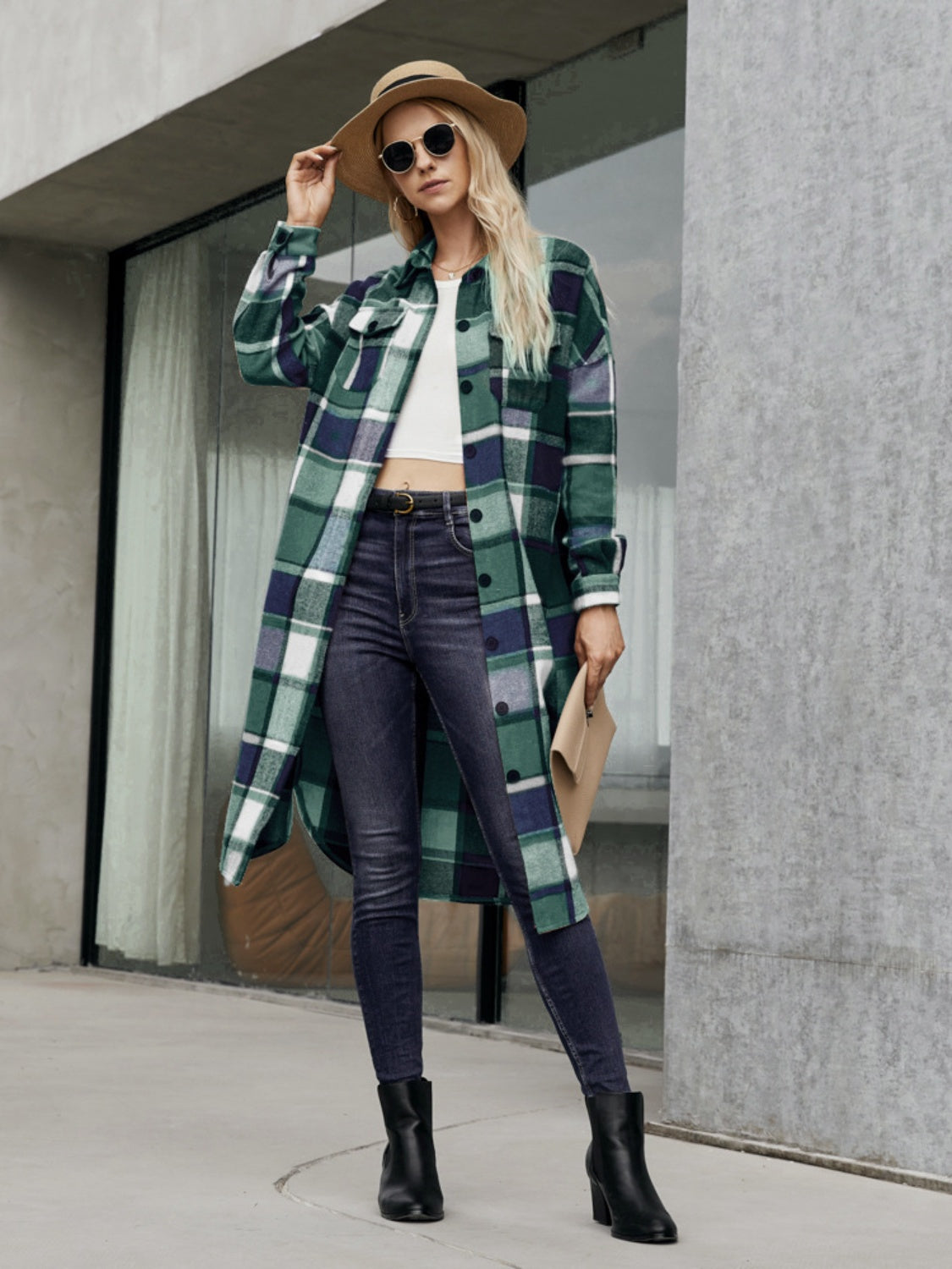 Plaid Pocketed Button Up Trench Coat - Turquoise / S