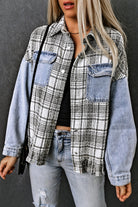 Plaid Pocketed Snap Down Denim Jacket - Light / S