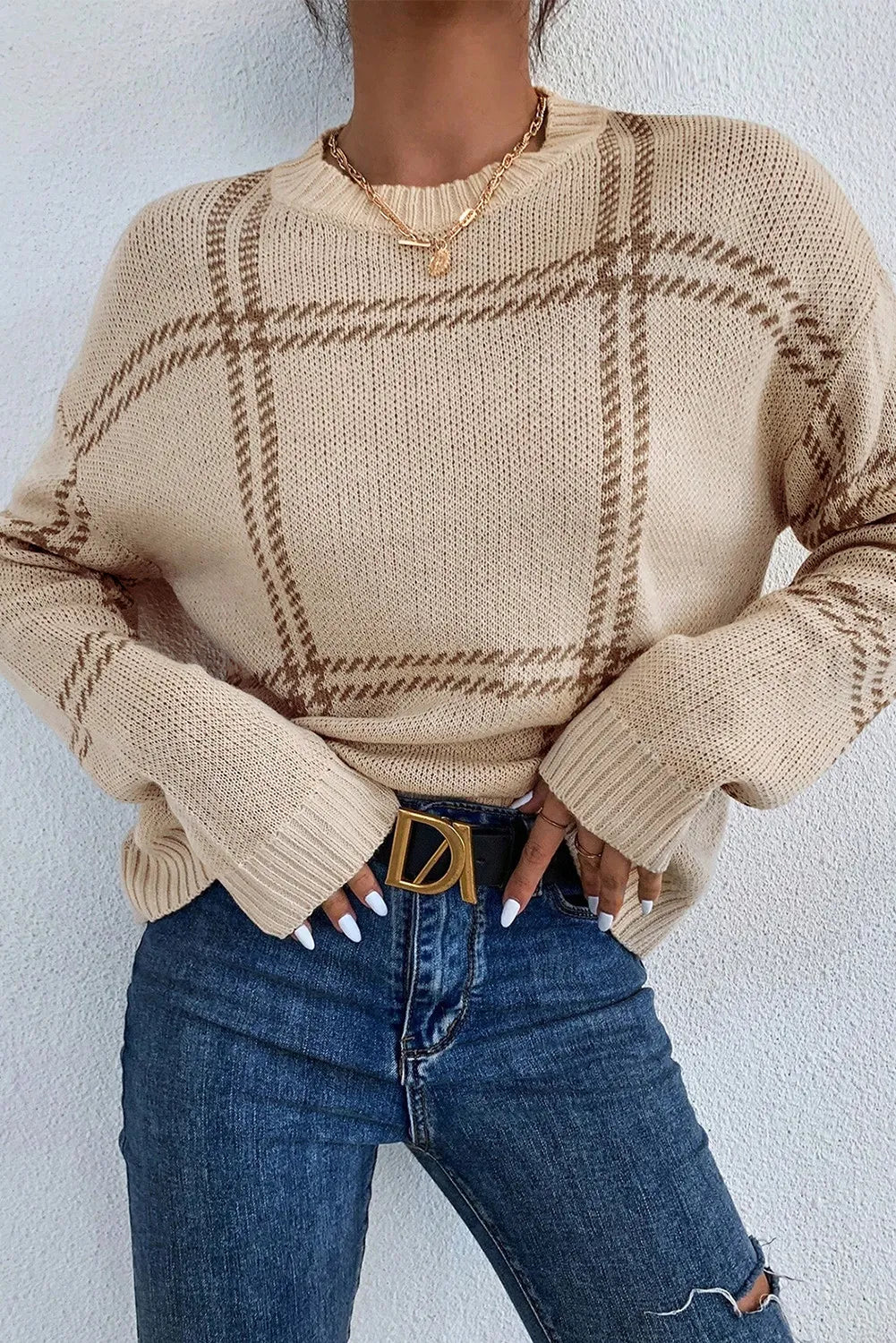 Plaid Round Neck Dropped Shoulder Sweater - Tan / S