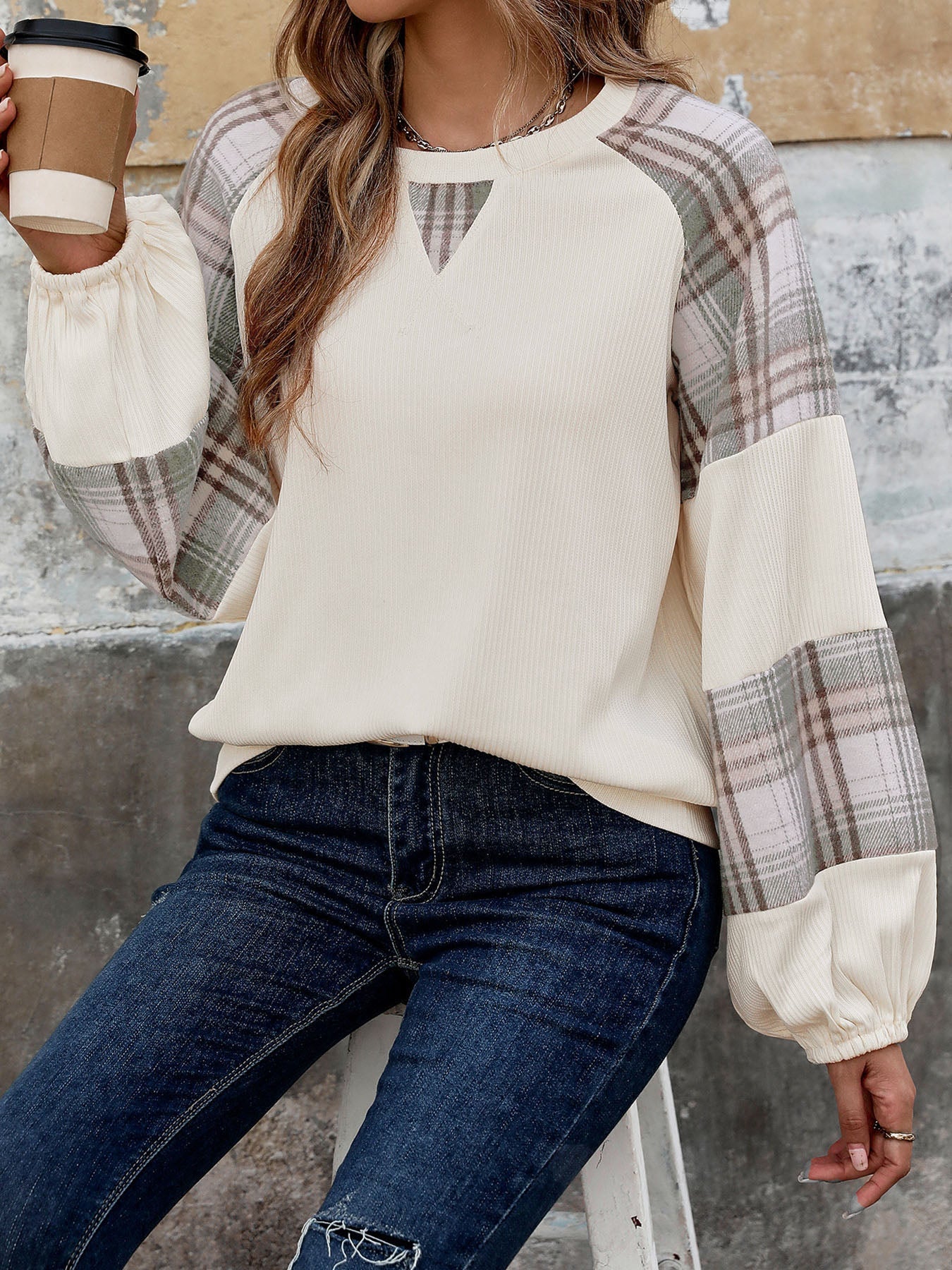 Plaid Round Neck Long Sleeve Sweatshirt - Cream / S