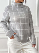 Plaid Turtleneck Long Sleeve Sweater - Gray / S