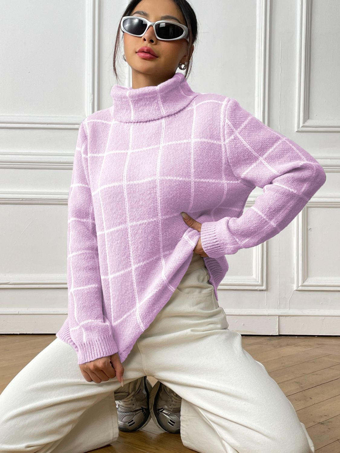 Plaid Turtleneck Long Sleeve Sweater - Pink Purple / S