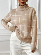 Plaid Turtleneck Long Sleeve Sweater - Tan / S