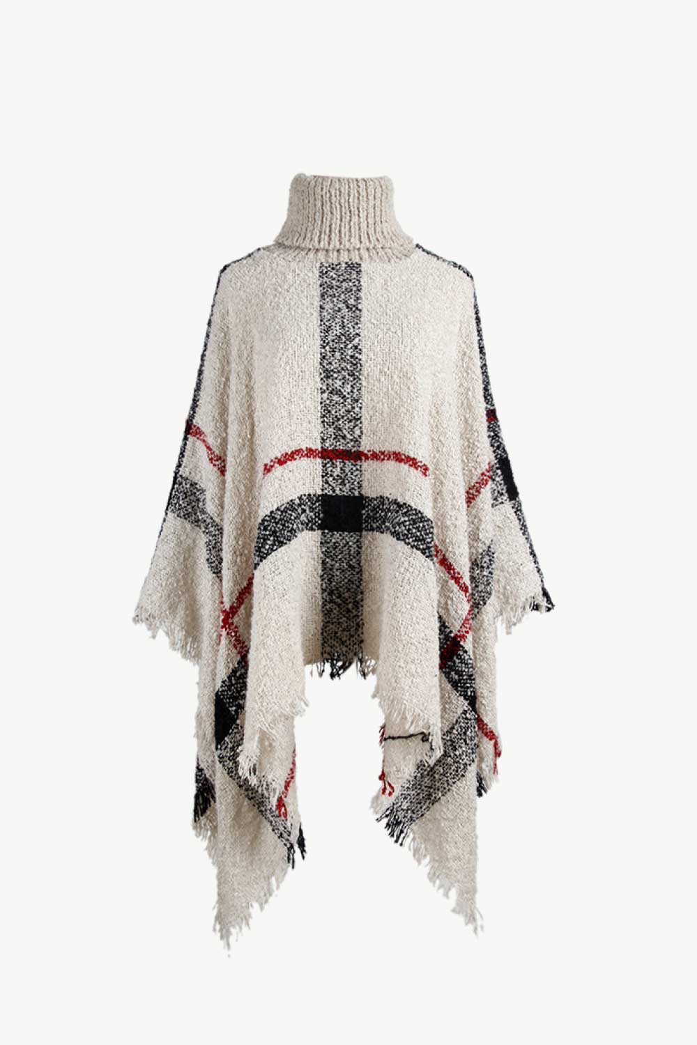 Plaid Turtleneck Raw Hem Poncho - Beige / One Size