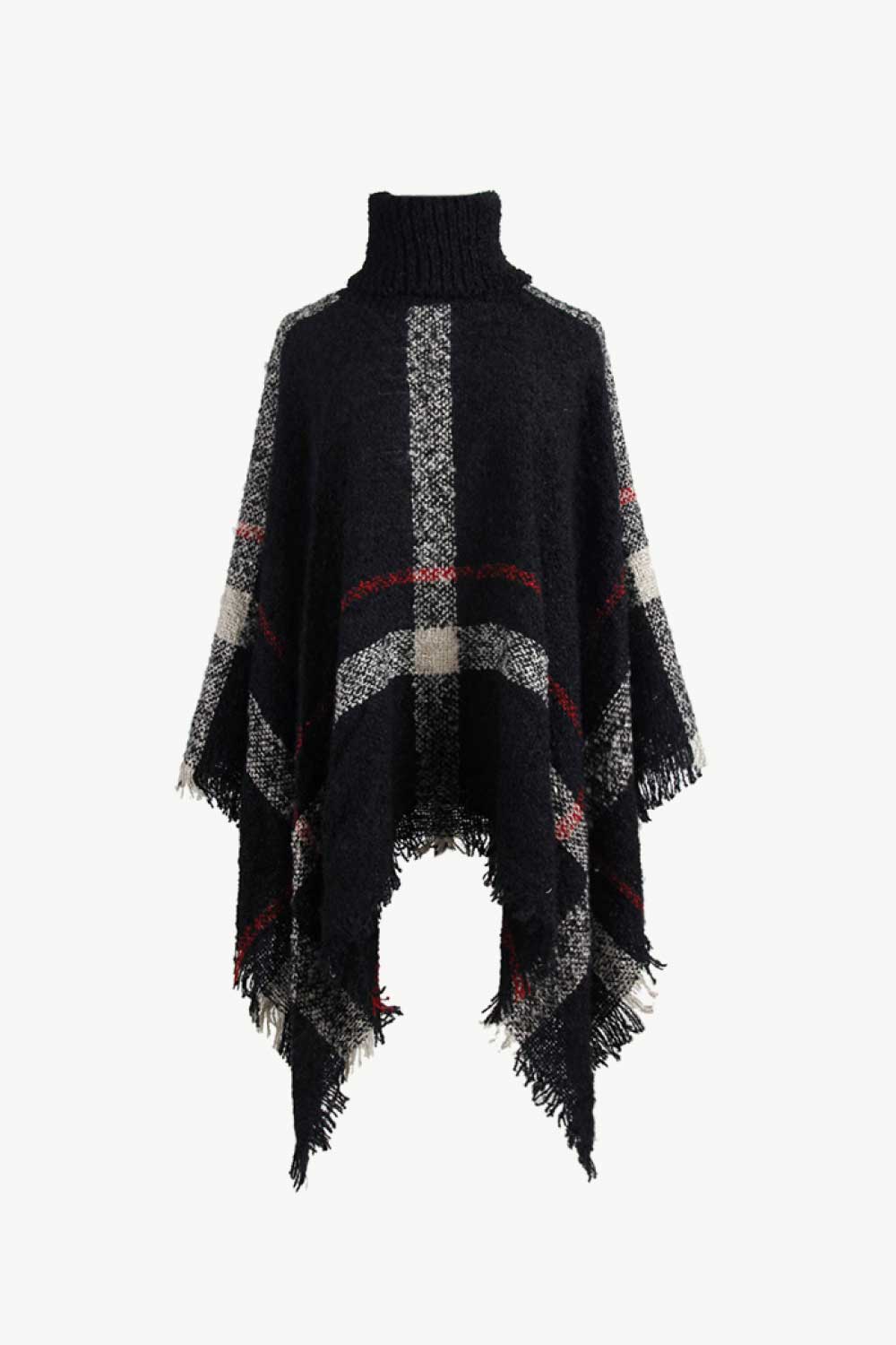 Plaid Turtleneck Raw Hem Poncho - Black / One Size