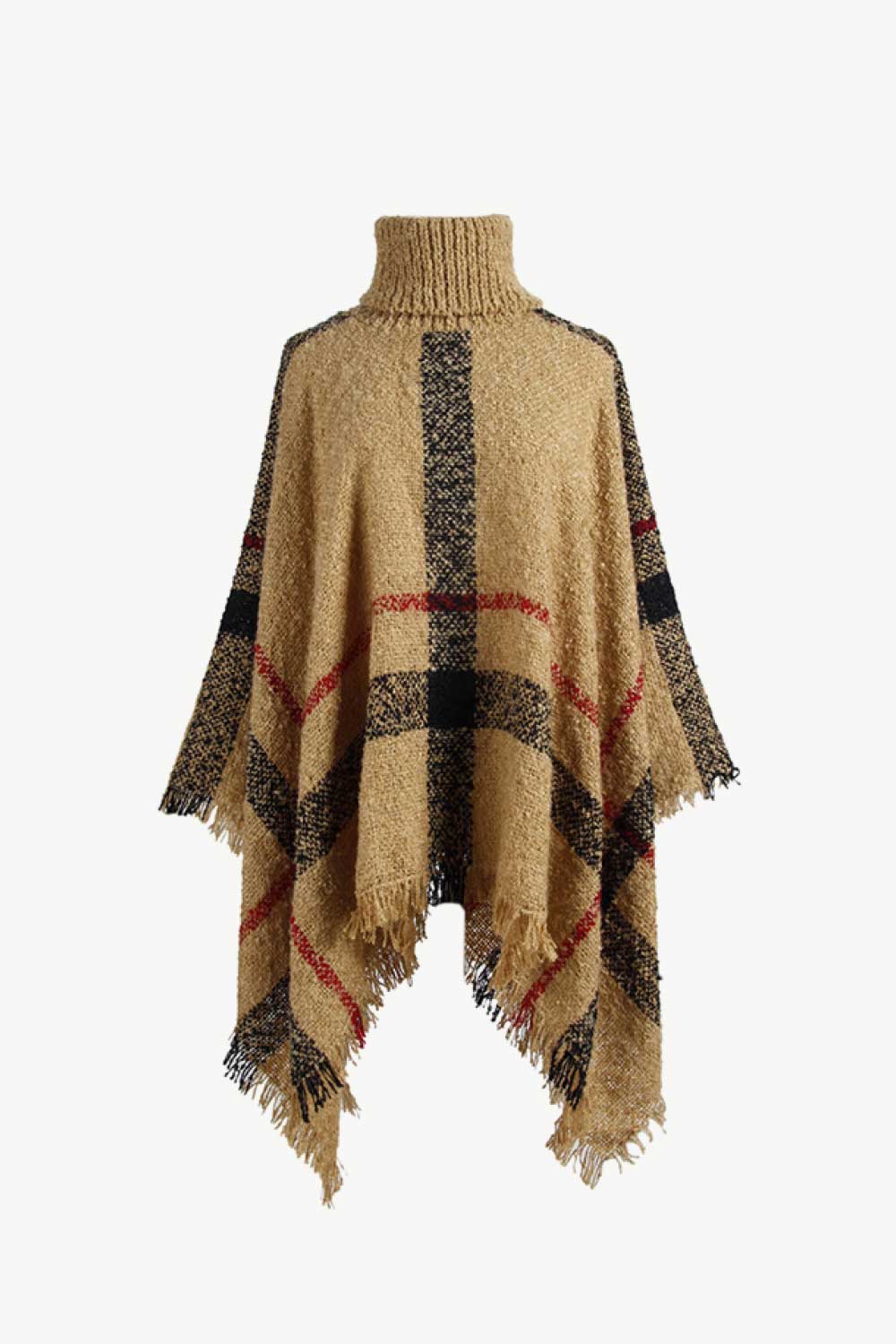 Plaid Turtleneck Raw Hem Poncho - Camel / One Size
