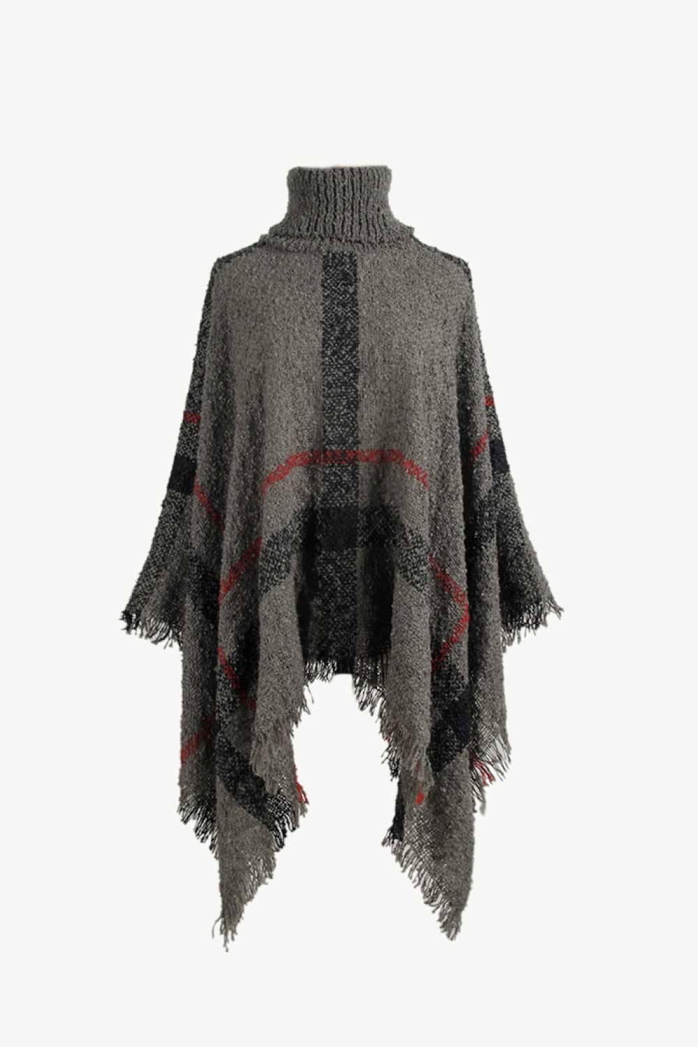 Plaid Turtleneck Raw Hem Poncho - Charcoal / One Size