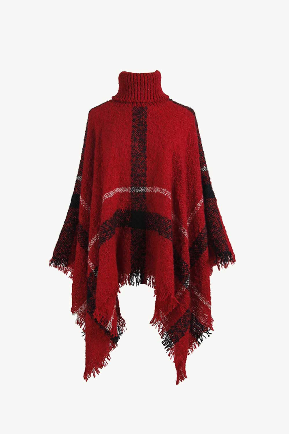 Plaid Turtleneck Raw Hem Poncho - Deep Red / One Size