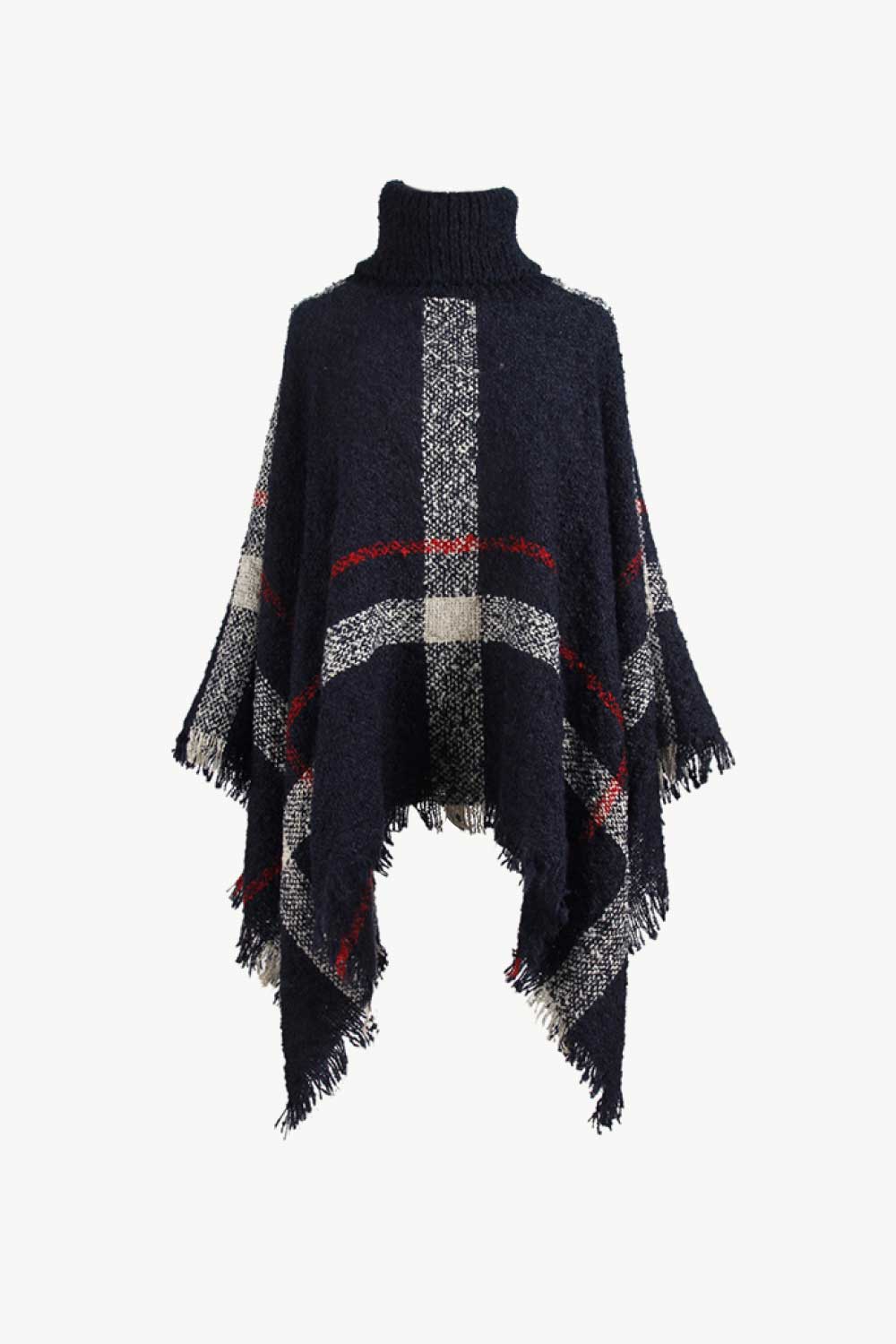 Plaid Turtleneck Raw Hem Poncho - Navy / One Size